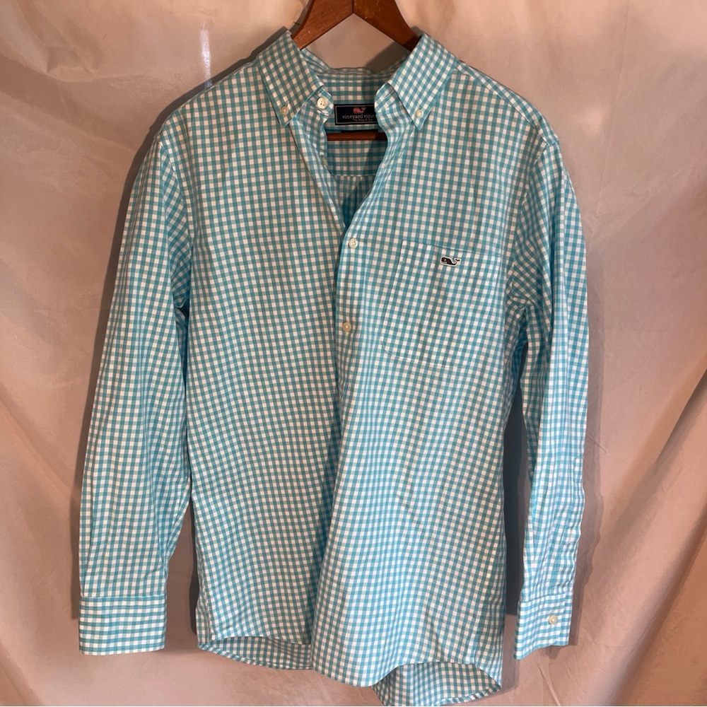 Vineyard Vines Long Sleeve Button-Down Aqua & White Check Classic Fit Sz S Shirt